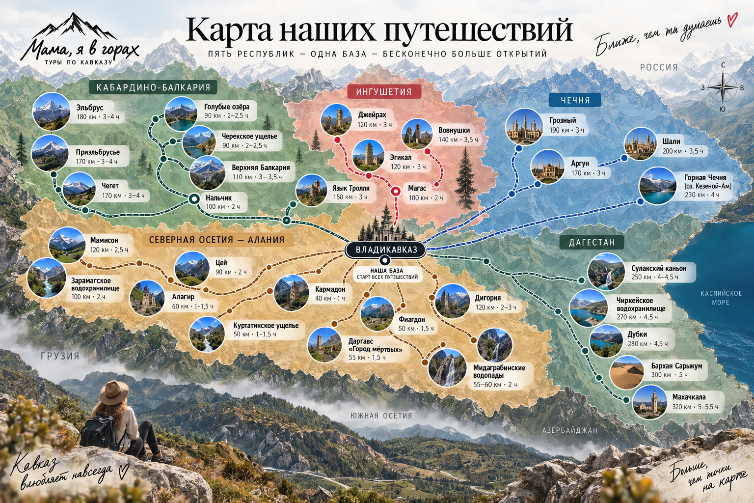 Карта путешествий «Мама, я в горах» по Кавказу